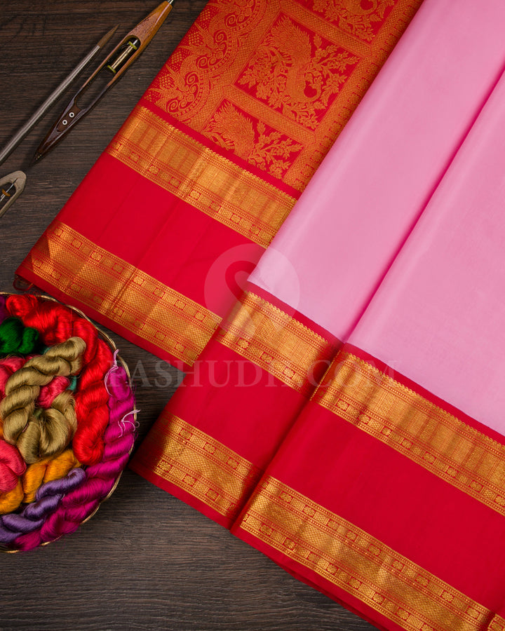 Baby Pink And Red Traditional Kanjivaram Silk Saree - SVJ84
