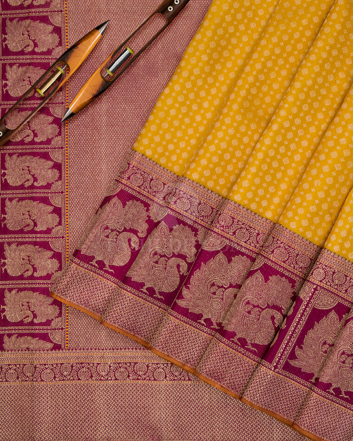 Mustard & Maroon Pure Zari Kanjivaram Silk Saree - S836 View3