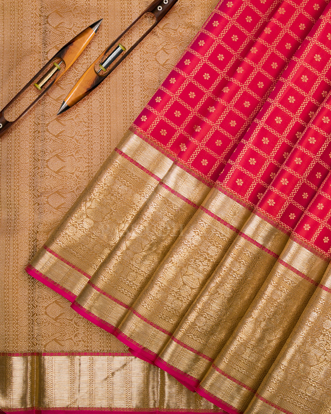 Pink Shot Red and Khaki Kanjivaram Silk Saree - DT204