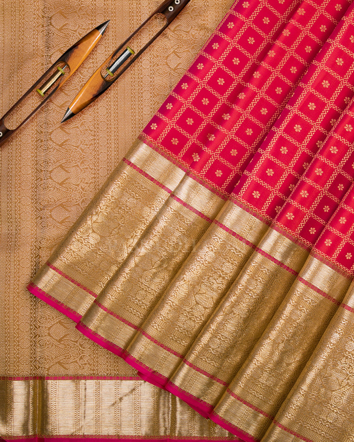 Pink Shot Red and Khaki Kanjivaram Silk Saree - DT204