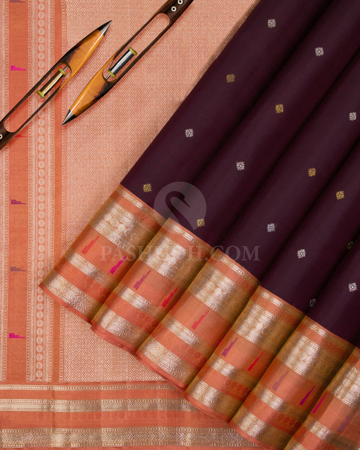 Wine And Pale Orange Pure Zari Paithani Kanjivaram Silk Saree - P141(B) - View 2