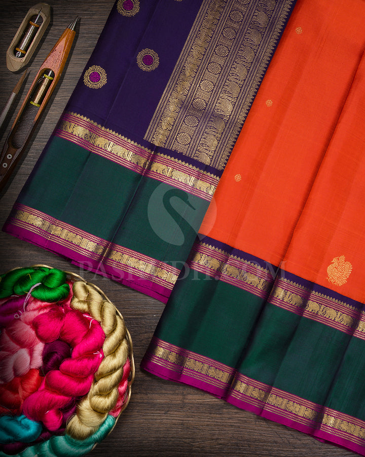 Burnt Orange With Dual Shaded Bottle Green Pure Zari Kanjivaram Silk Saree-SP408