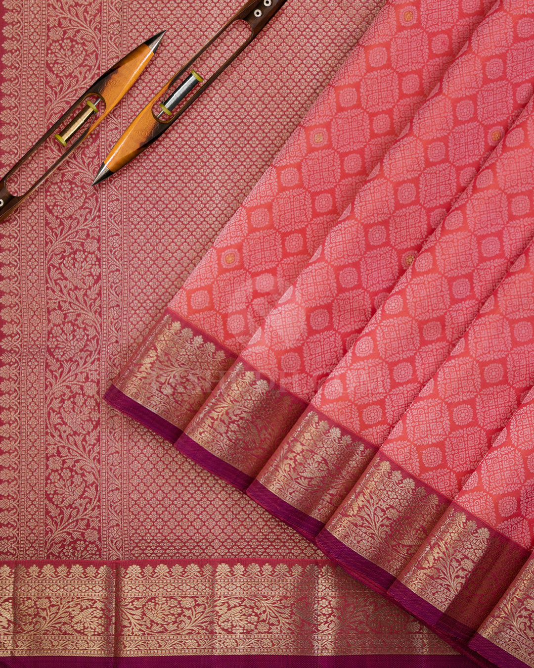Salmon Pink and Maroon Kanjivaram Silk Saree - S919