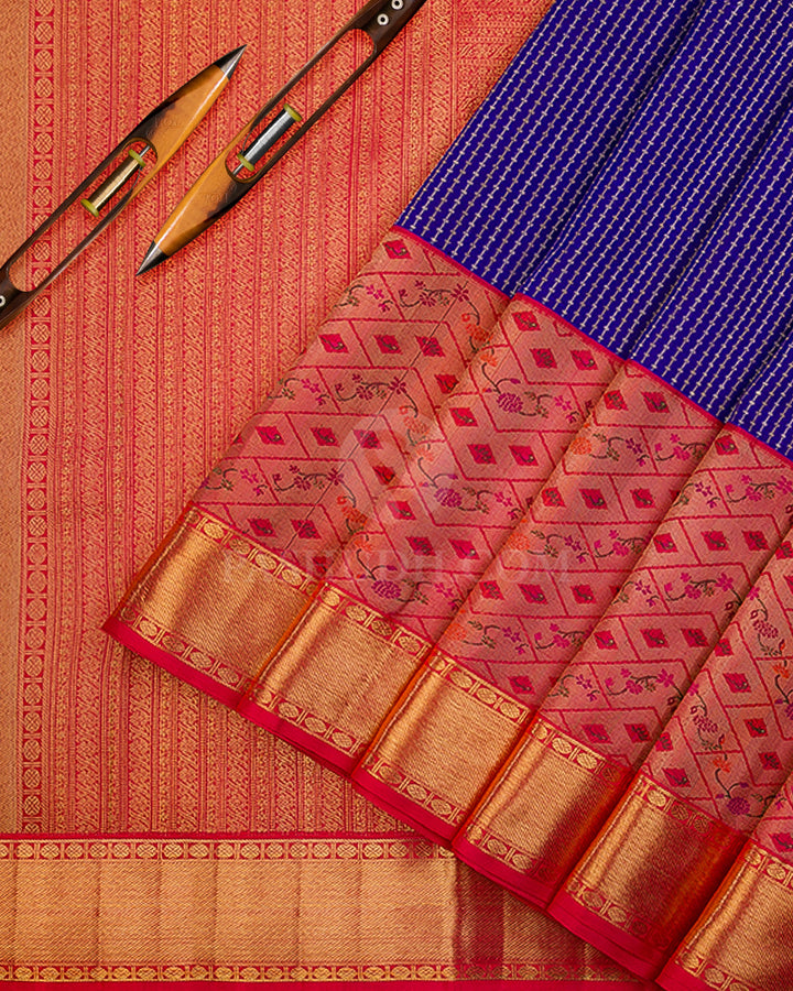 Navy Blue & Red Pure Zari Kanjivaram Silk Saree - P124