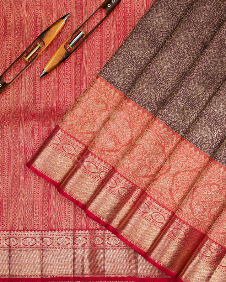 Wine and Orange Kanjivaram Silk Saree  - S704 - View 3