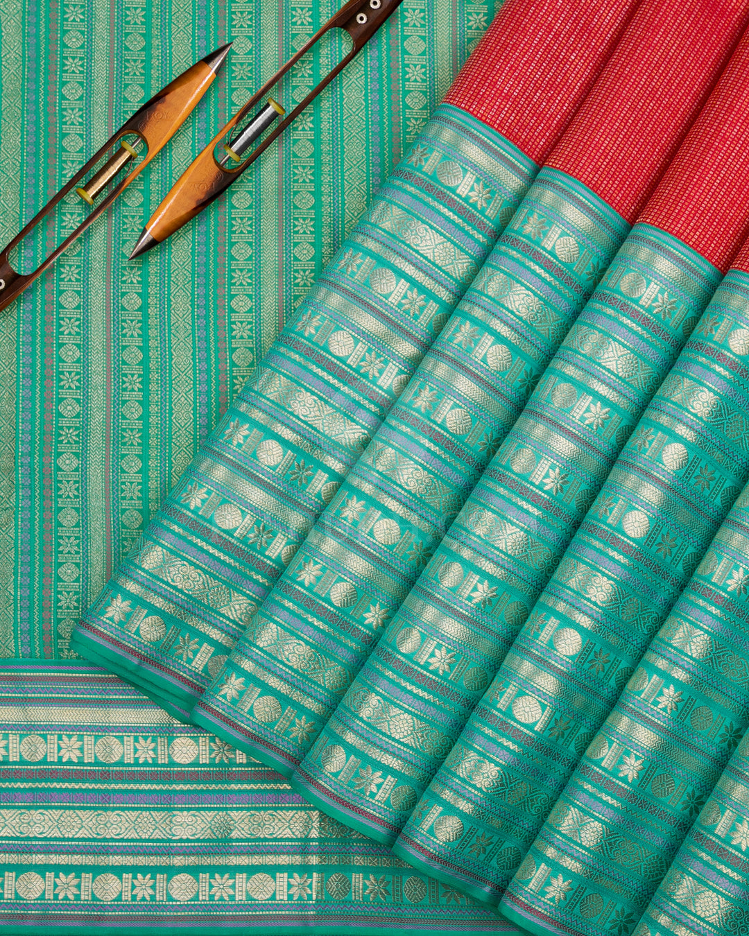 Red & Cyan Kanjivaram Silk Saree - S1080(C) - View 2