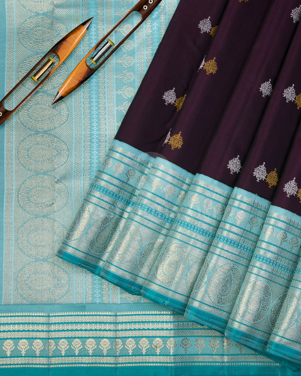 Purple & Sky Blue Kanjivaram Silk Saree - S1014(A) - View 2