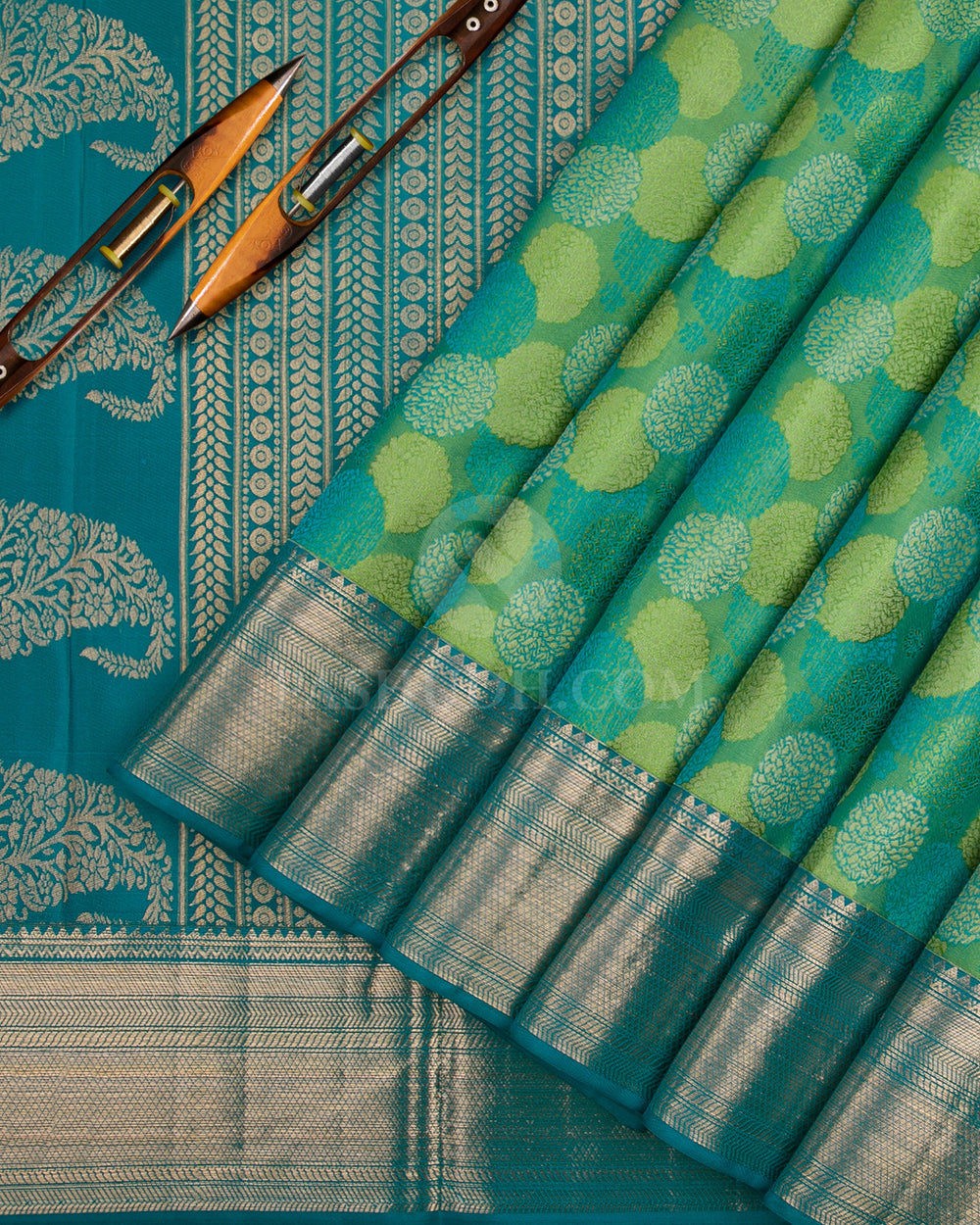 Leaf Green & Peacock Blue Kanjivaram Silk Saree - D523(B) - View 1