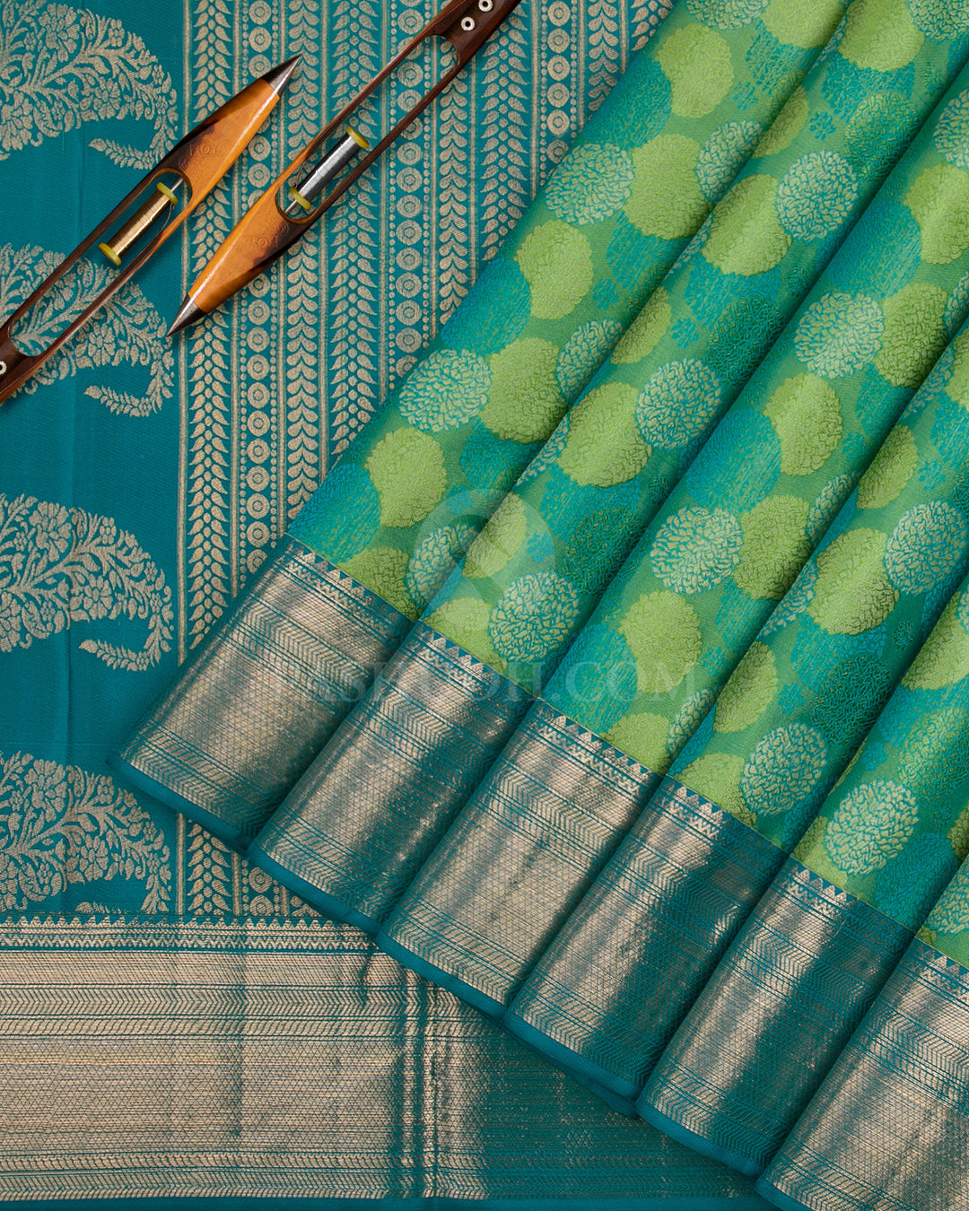 Leaf Green & Peacock Blue Kanjivaram Silk Saree - D523(B) - View 1