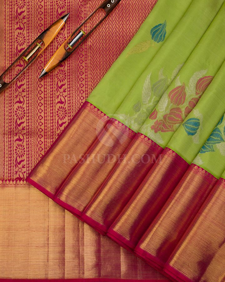 Light Green & Rani Pink Pure Zari Kanjivaram Silk Saree - P130 - View 2