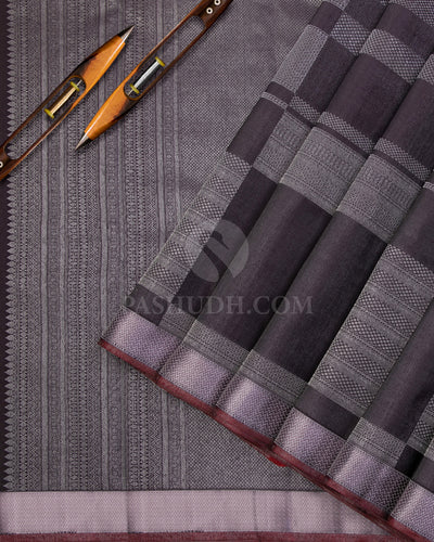 Dark Purple & Pink Shot Grey Kanjivaram Silk Saree - D509(A) - View 1