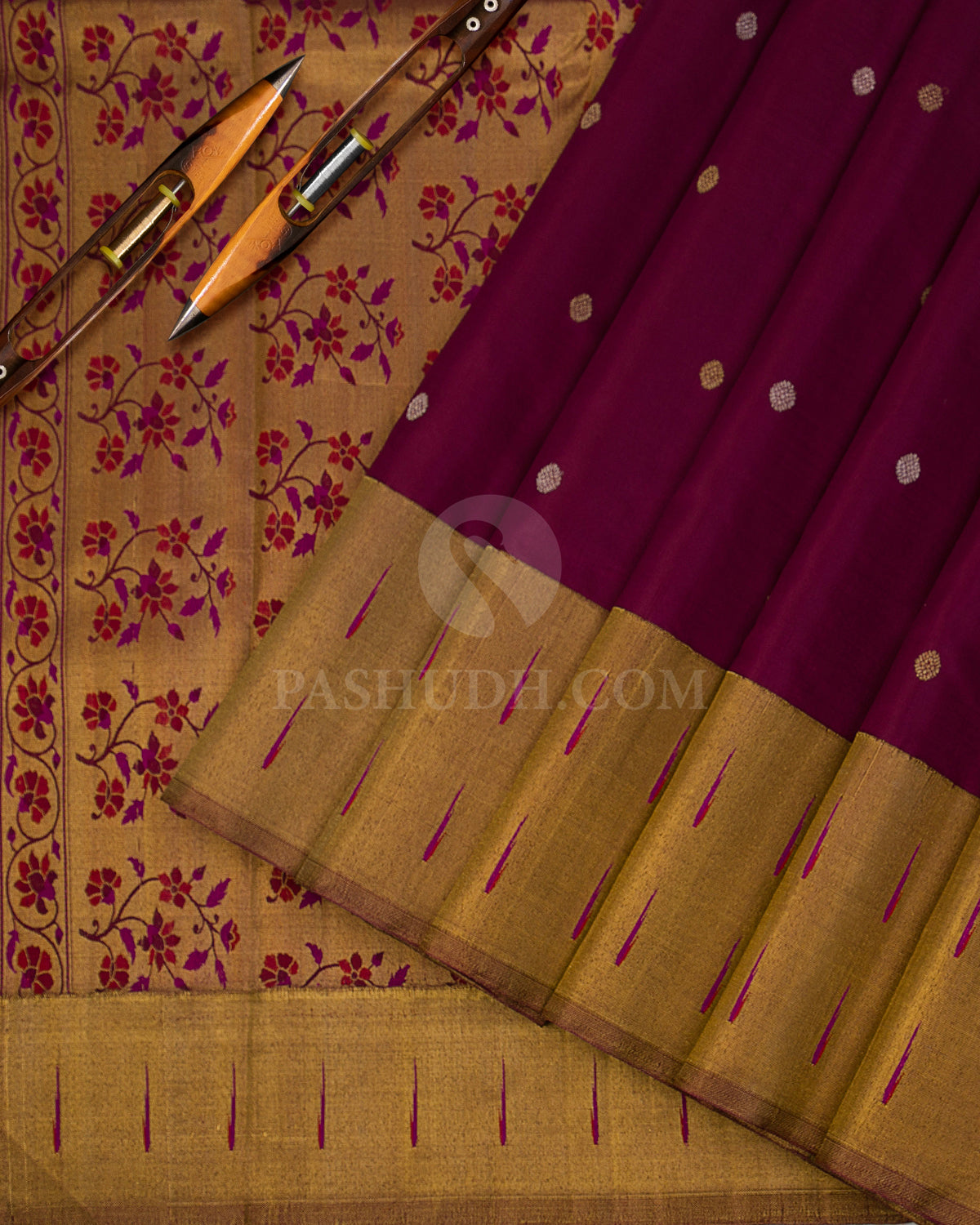 Betel Nut (Maroon) Pure Zari Kanjivaram Silk Saree with Paithani pallu- P131 - View 2