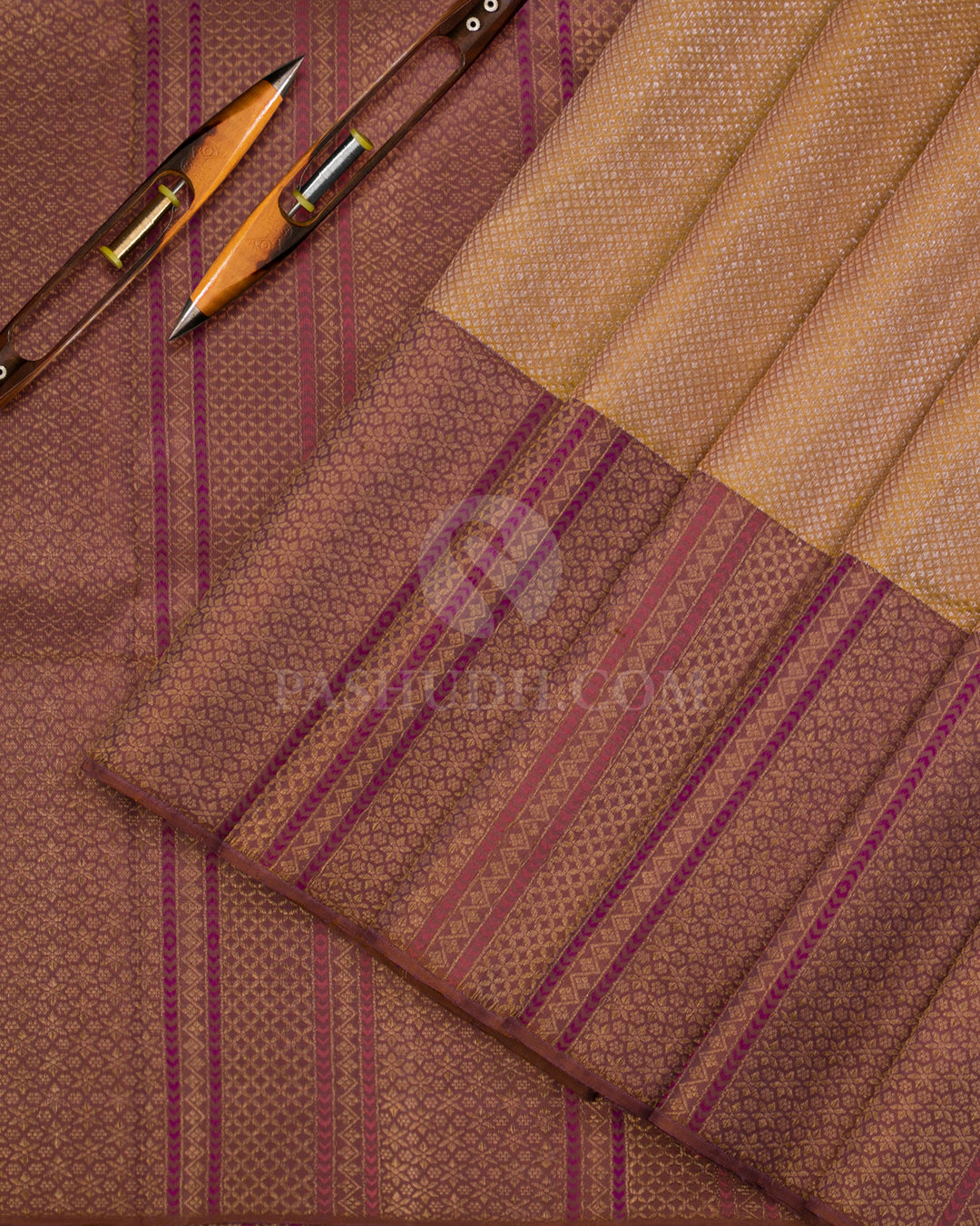Golden Yellow & Mild Chocolate Brown Kanjivaram Silk Saree - S966 - View 2