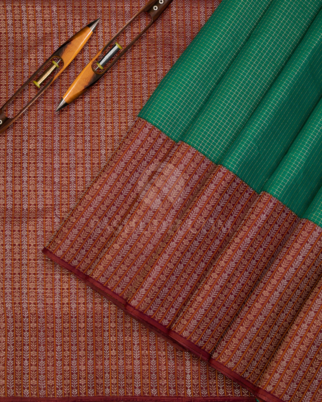 Emerald Green & Chestnut Brown Kanjivaram Silk Saree - S974 - View 2