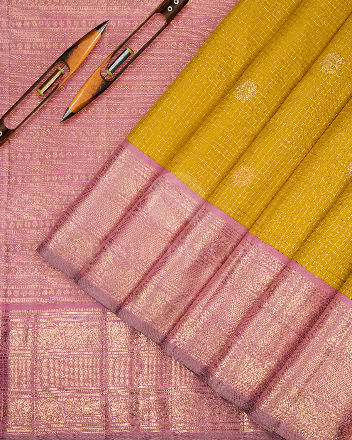 Turmeric Yellow and Baby Pink Kanjivaram Silk Saree - S697- View 3