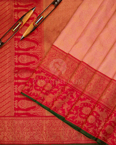 Peach Pink & Red Kanjivaram Silk Saree - S995 - View 2
