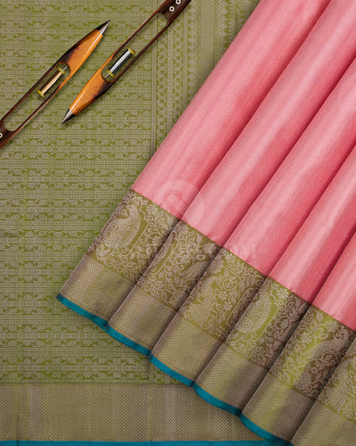 Baby Pink & Pear Green Kanjivaram Silk Saree - DT261(.B) - View 2