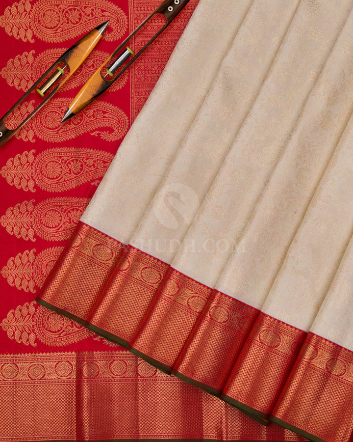 Off White and Red Zari Kanjivaram Silk Saree - S841 _V iew 3