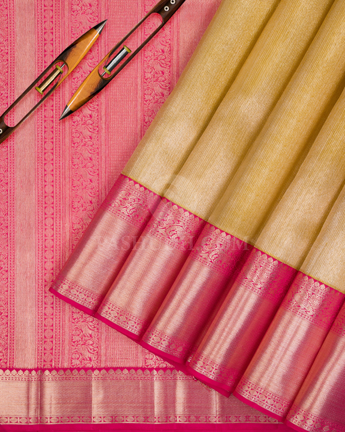 Gold And Rouge Pink Organza Kanjivaram Silk Saree - S1143(A) - View 2