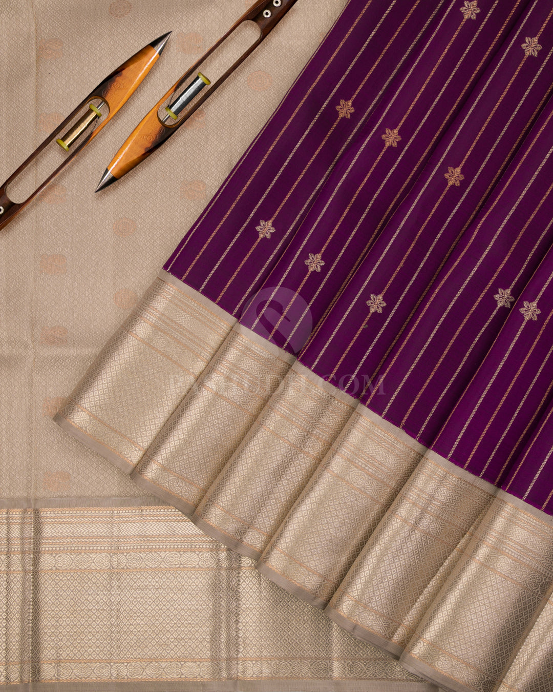 Purple & Greige Zari Kanjivaram Silk Saree - S825 - View 3