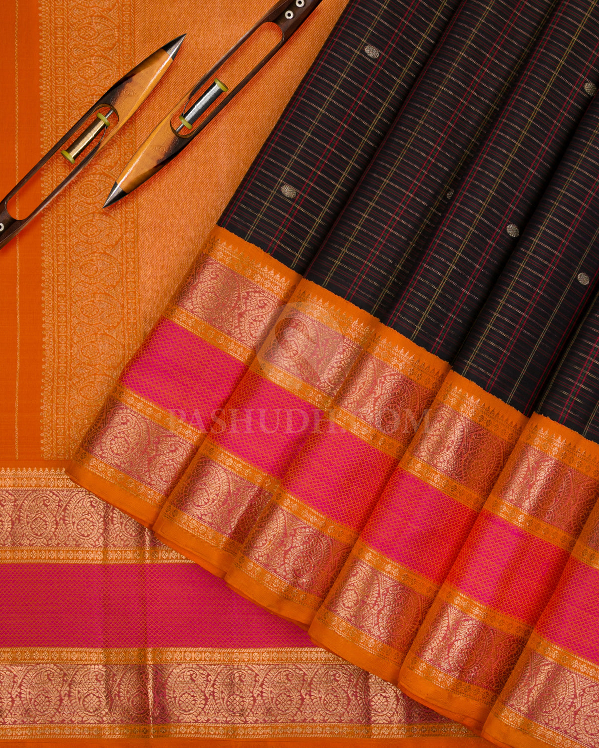 Black, Orange & Pink Kanjivaram Silk Saree - S1090(A) - View 2