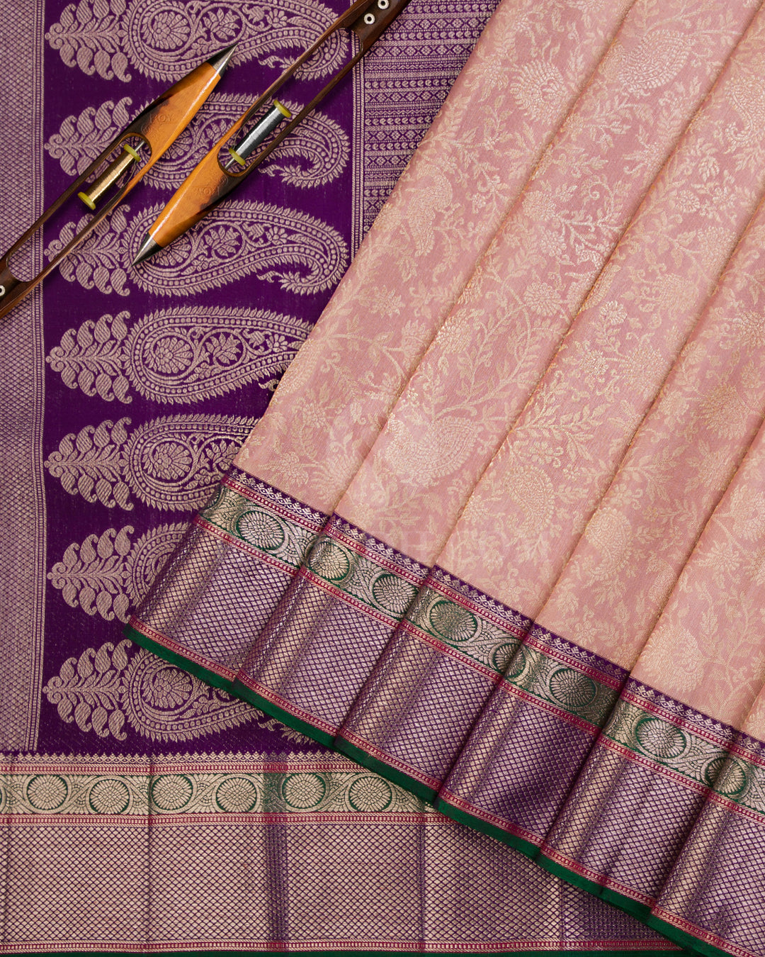 Peach Pink & Purple Kanjivaram Silk Saree - S896