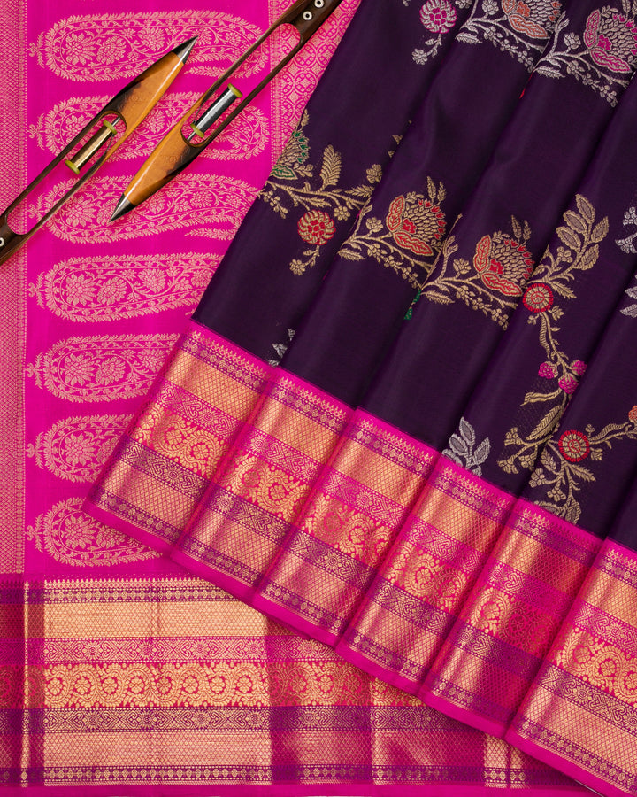 Deep Purple and Punch Pink Pure Zari Kanjivaram Silk Saree - P121