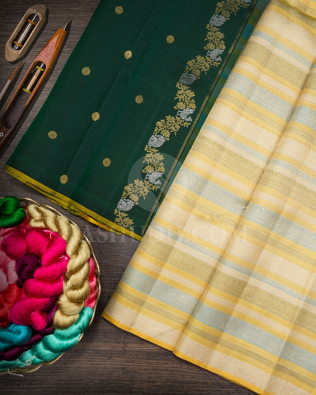 Ivory,Mustard Yellow,Powder Blue And Sage Green Borderless Traditional Kanjivaram Silk Saree-S1750(A)