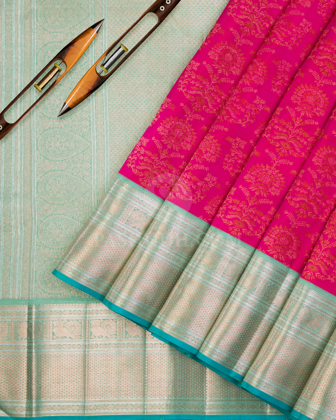 Dark Pink and Turquoise Kanjivaram Silk Saree - S916