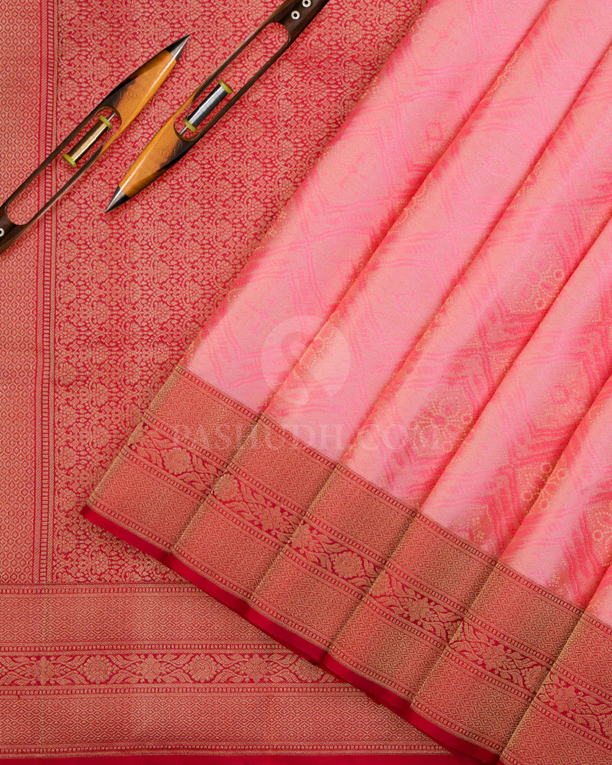 Light Pink and Red Kanjviaram Silk Saree - DT217