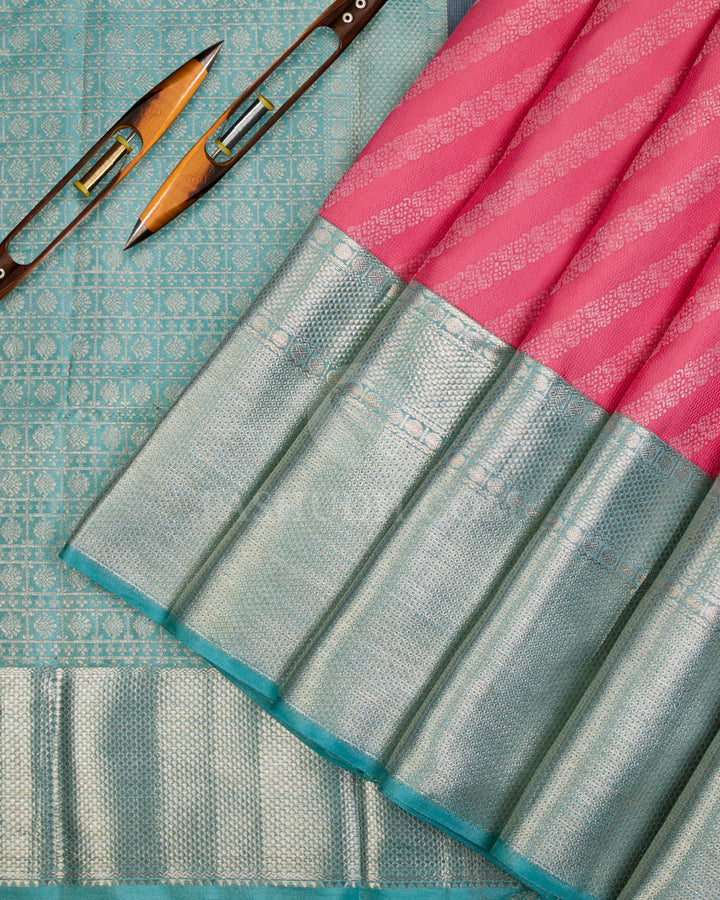 Baby Pink and Sky Blue Kanjivaram Silk Saree - D524(A) - View 1