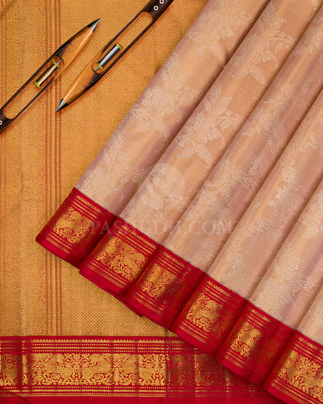 Pastel Peach & Red Tissue Kanjivaram Silk Saree - S1097(A) - View 2