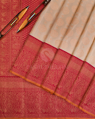 Cream & Red Kanjivaram Silk Saree - S1071(A) - View 2