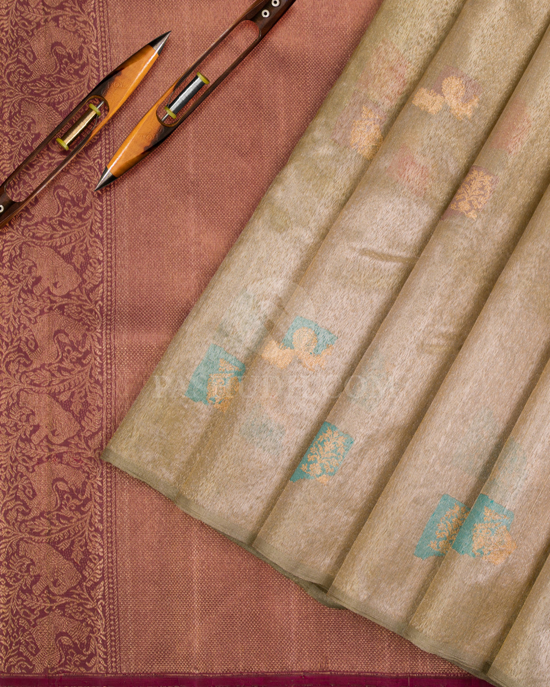 Mild Gold & Pink Organza Kanjivaram Silk Saree - S1081(A) - View 2