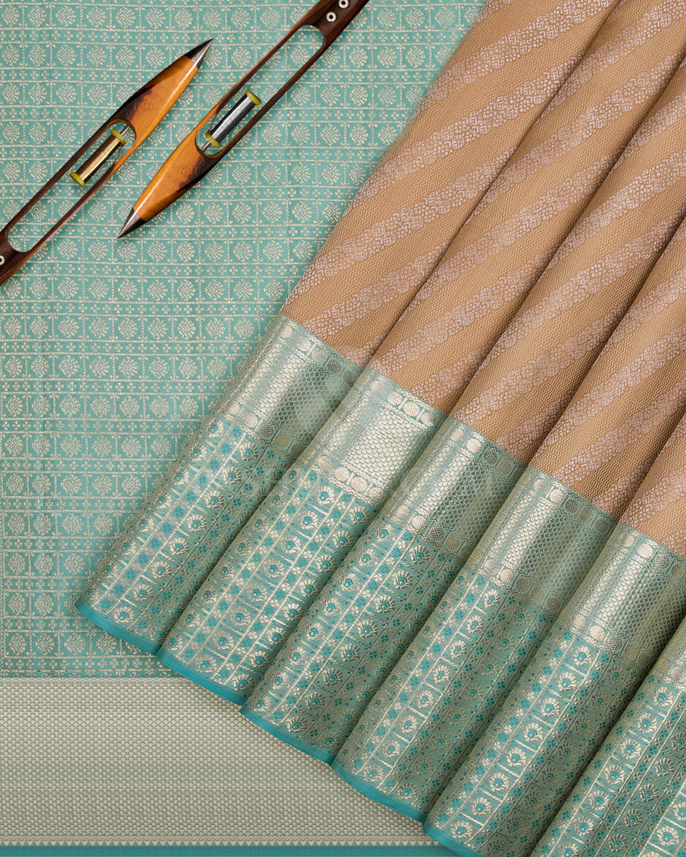 Beige & Sky Blue Kanjivaram Silk Saree - D524(B) - View 1