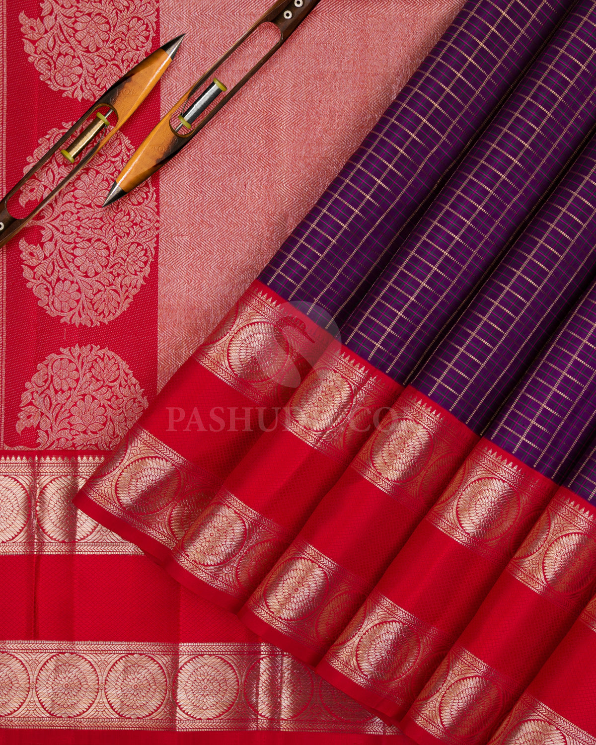 Violet And Red Kanjivaram Silk Saree - S1022(B) - View 2
