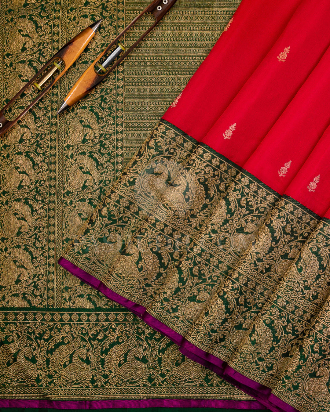 Red and Deep Green Kanjivaram Silk Saree - S933