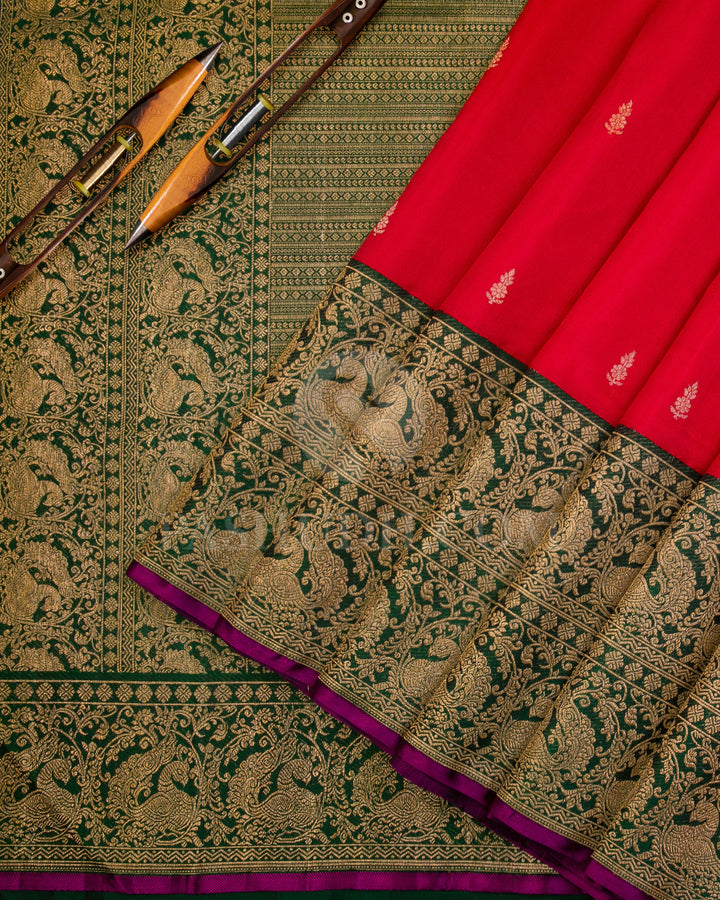 Red and Deep Green Kanjivaram Silk Saree - S933