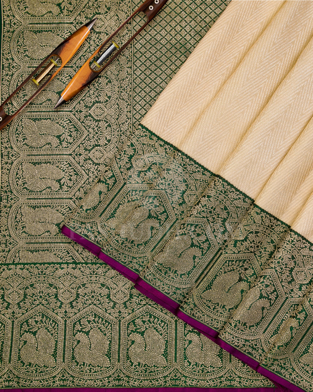 Cream and Forest Green Kanjivaram Silk Saree - S960
