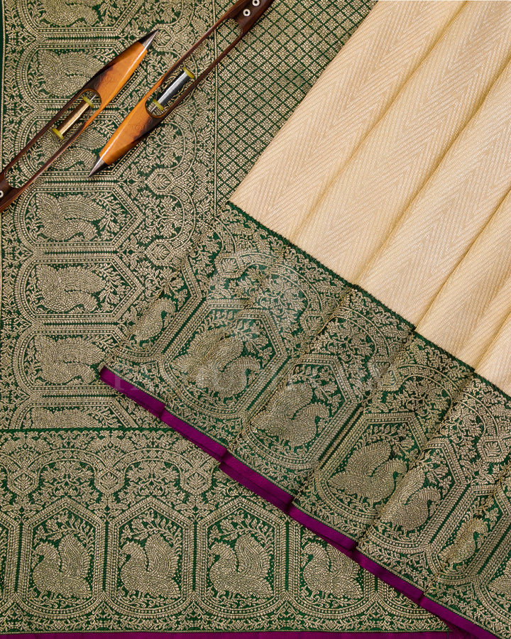 Cream and Forest Green Kanjivaram Silk Saree - S960