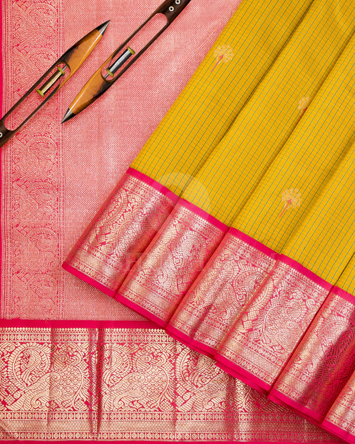 Granola Yellow, Green and  Rouge Pink Kanjivaram Silk Saree - S957