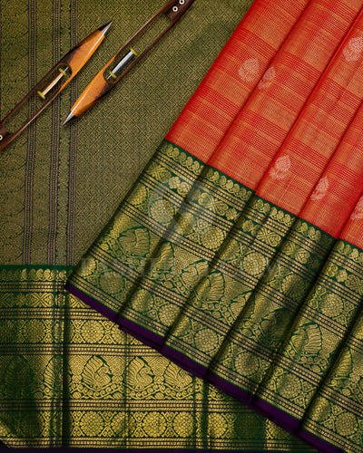 Bright Red and Bottle Green Pure Zari Kanjivaram Silk Saree - P127