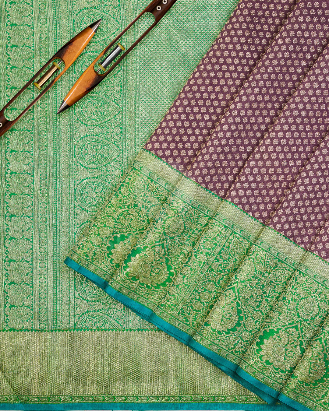 Deep Mauve and Leaf Green Kanjivaram Silk Saree - S961
