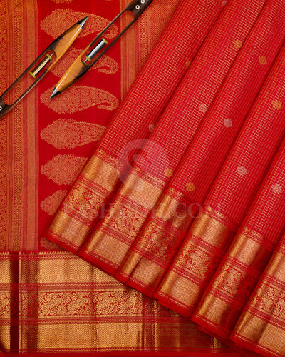 Brick Red and Green Kanjivaram silk Saree - S920