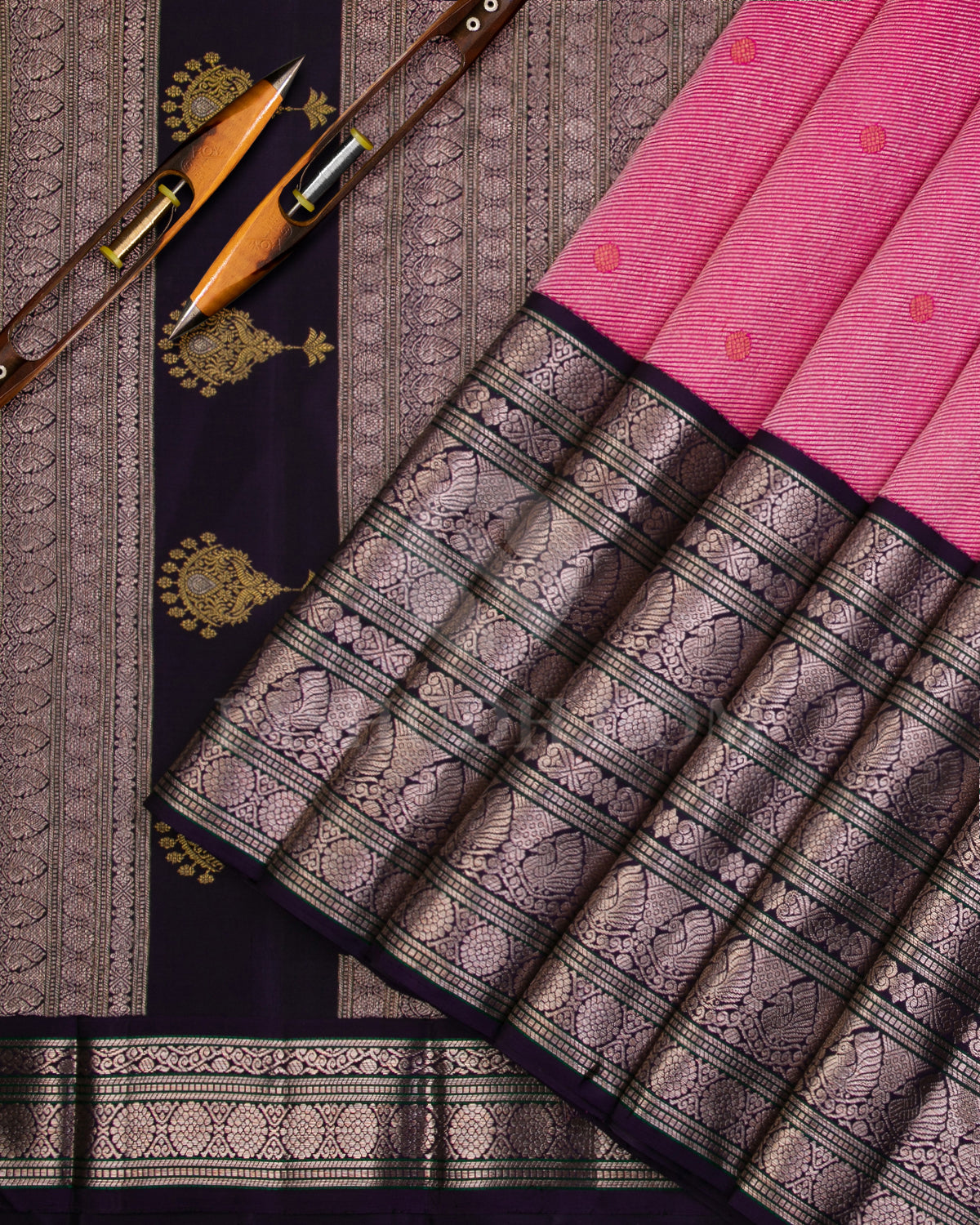 Bright Pink and Aubergine Pure Zari Kanjivaram Silk Saree - P128