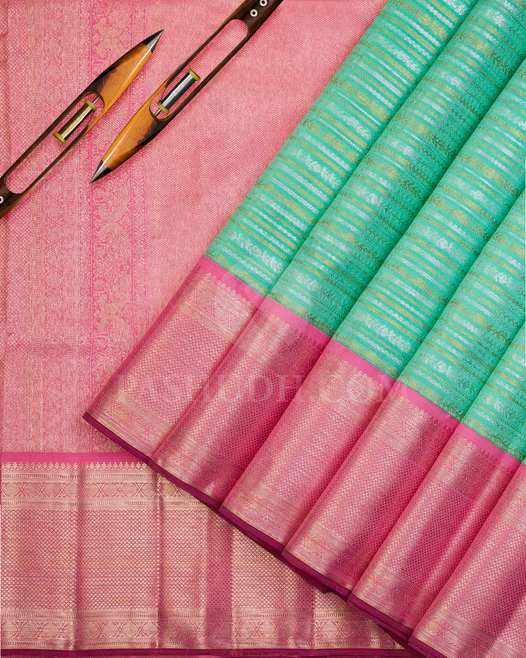 Sea Green and  Baby Pink Kanjivaram Silk Saree - S921