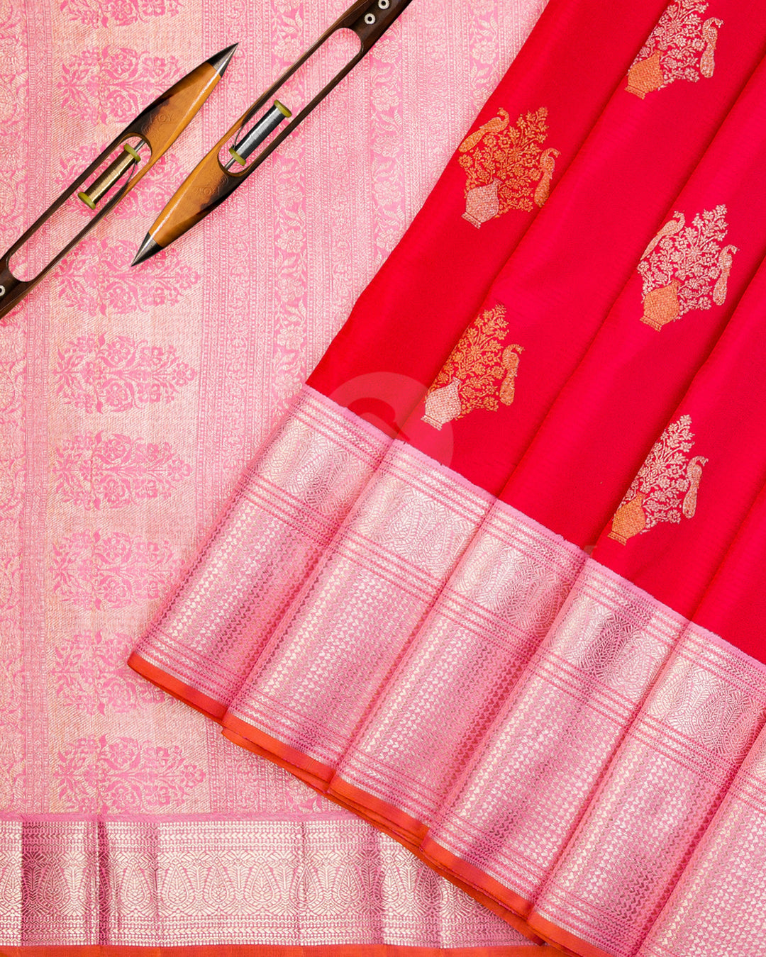 Red and Baby Pink Kanjivaram Silk Saree - S946