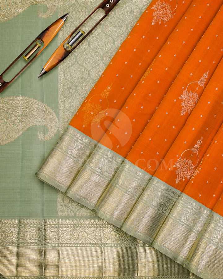 Orange and Mild Sage Green Kanjivaram Silk Saree - S934