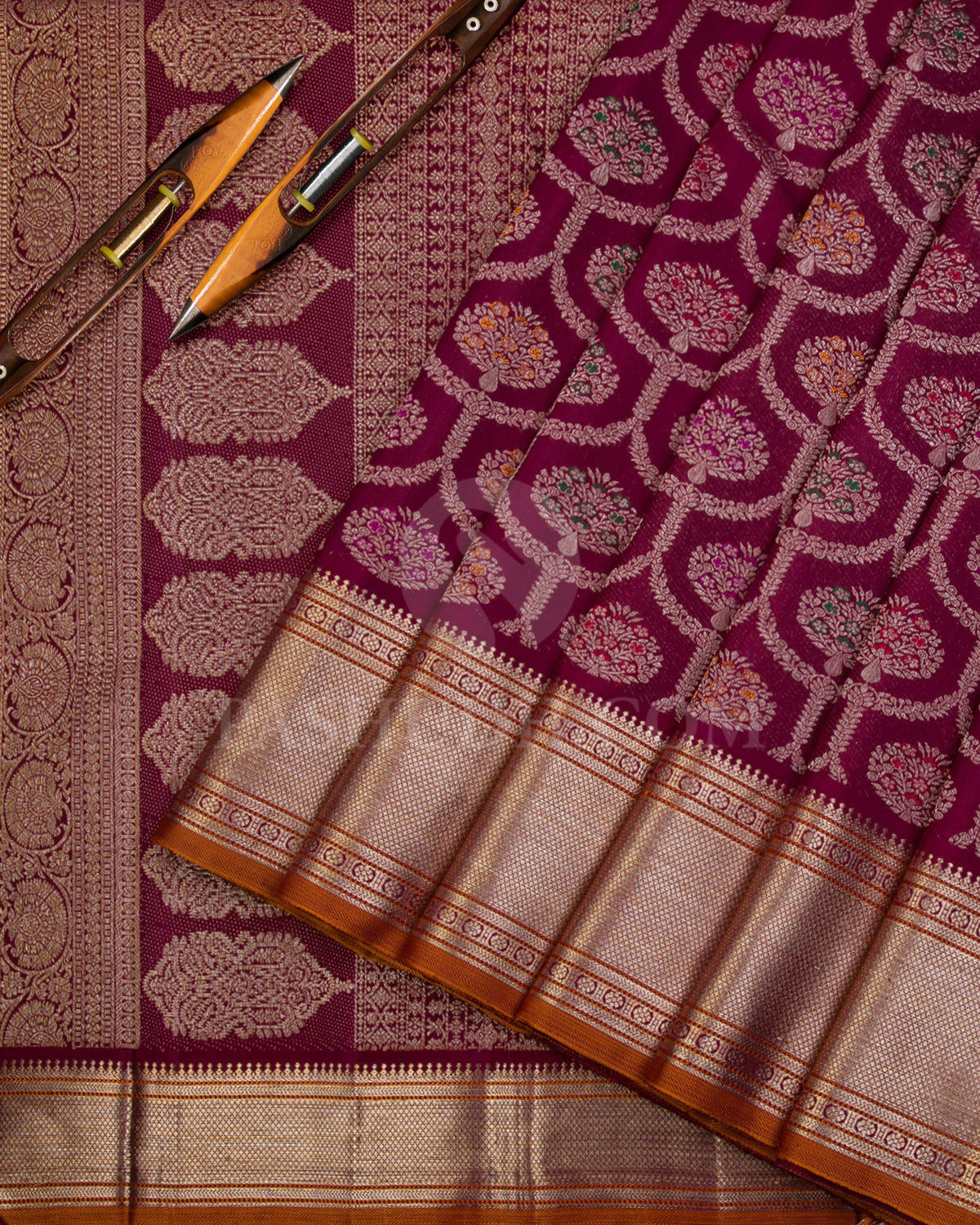 Aubergine and Pink Kanjivaram Silk Saree - S930