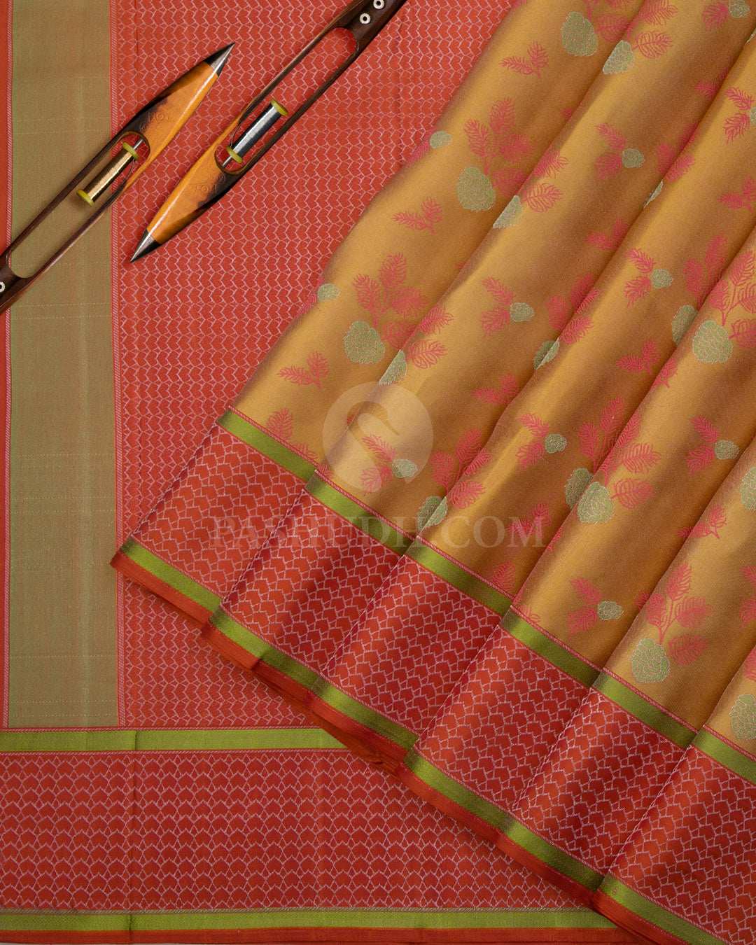 Golden Yellow & Rust Orange Kanjivaram Silk Saree - DJ277(B) - View 1